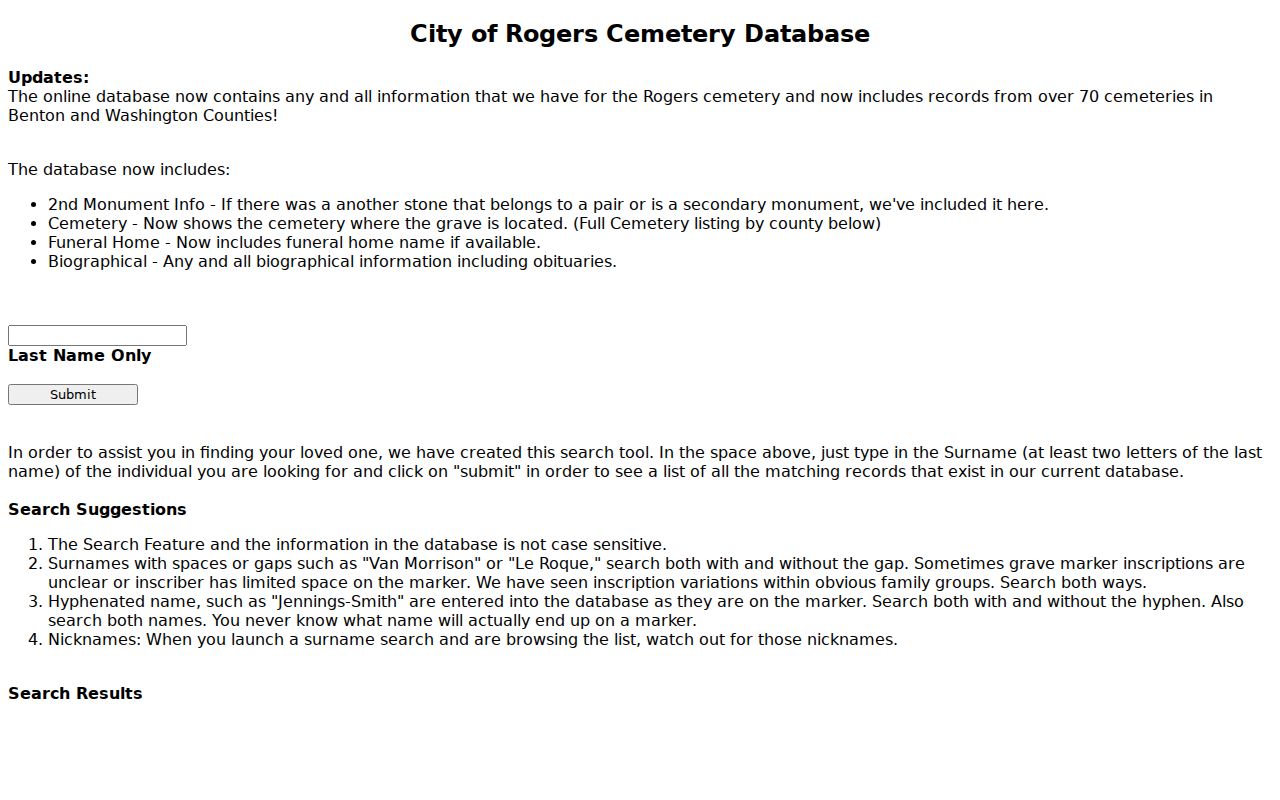 Rogers residents directory cemetery surname search