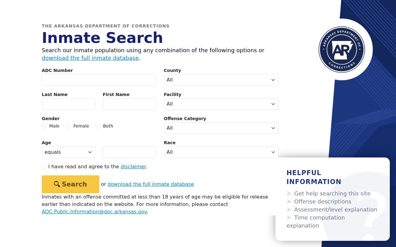 Rogers resident lookup view of Arkansas inmate search