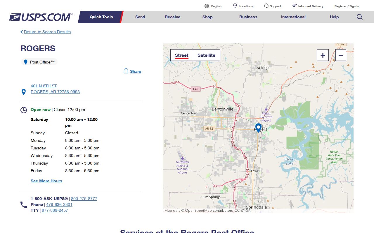 Rogers ZIP code directory post office details for box service